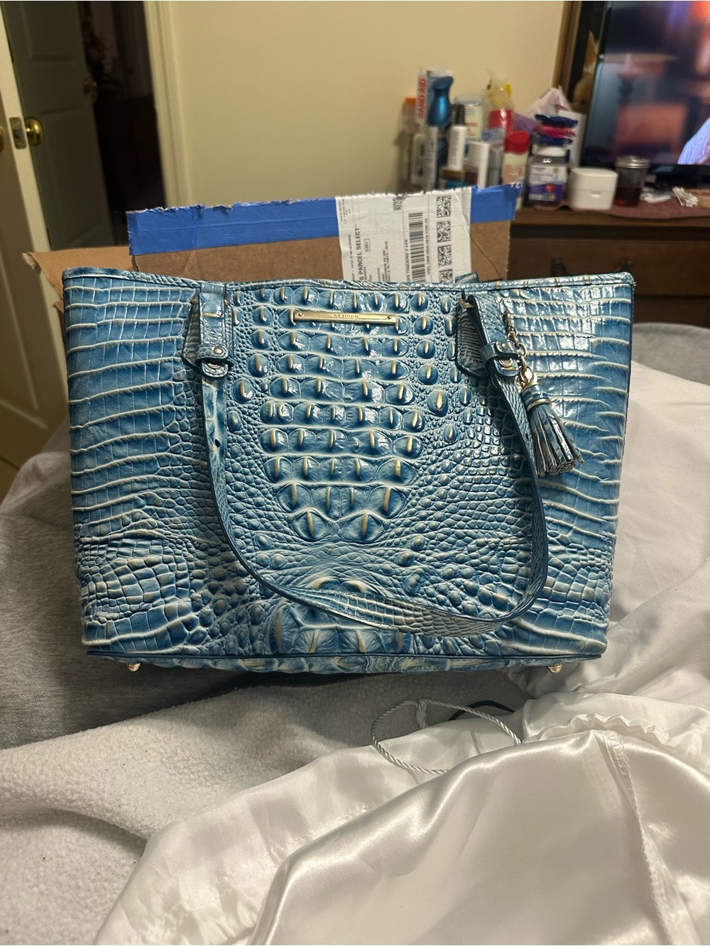 Brahmin Blue Croc-Embossed Leather Tote with Tassel Accent